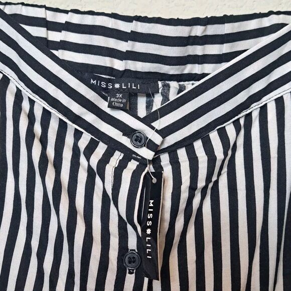 Miss Lili Plus Size Off-Shoulder Black White Striped Button-Front Blouse 3X NWT - Picture 4 of 8